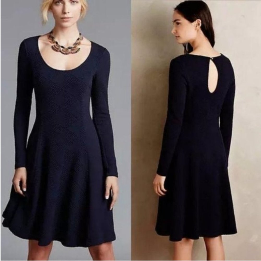 Anthropologie Maeve Sasha textured navy‎ blue long sleeve dress XS